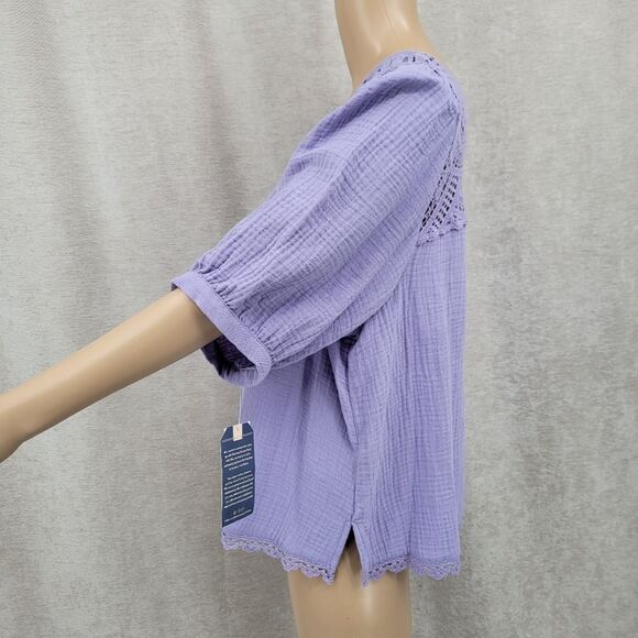 Democracy Cotton Woven Crochet Square Neck Short Bubble Sleeve Scallop Hem Top - Picture 4 of 13